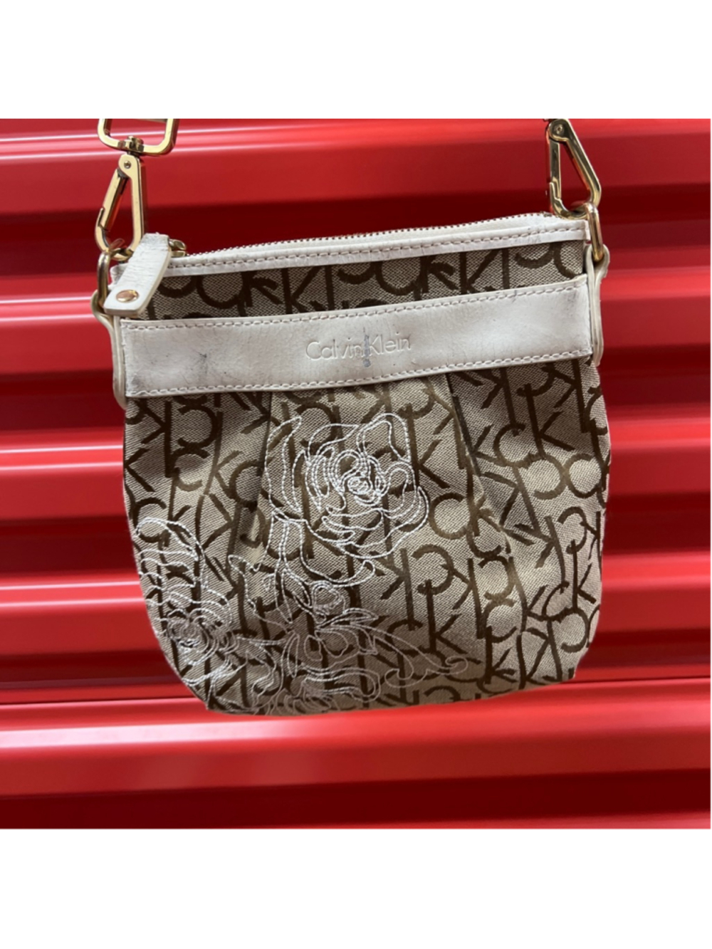 Women's Calvin Klein Beige & White Monogram Crossbody Bag One Size